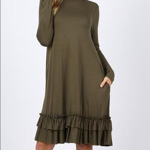 Double Ruffle Hem Swing Dress in Olive